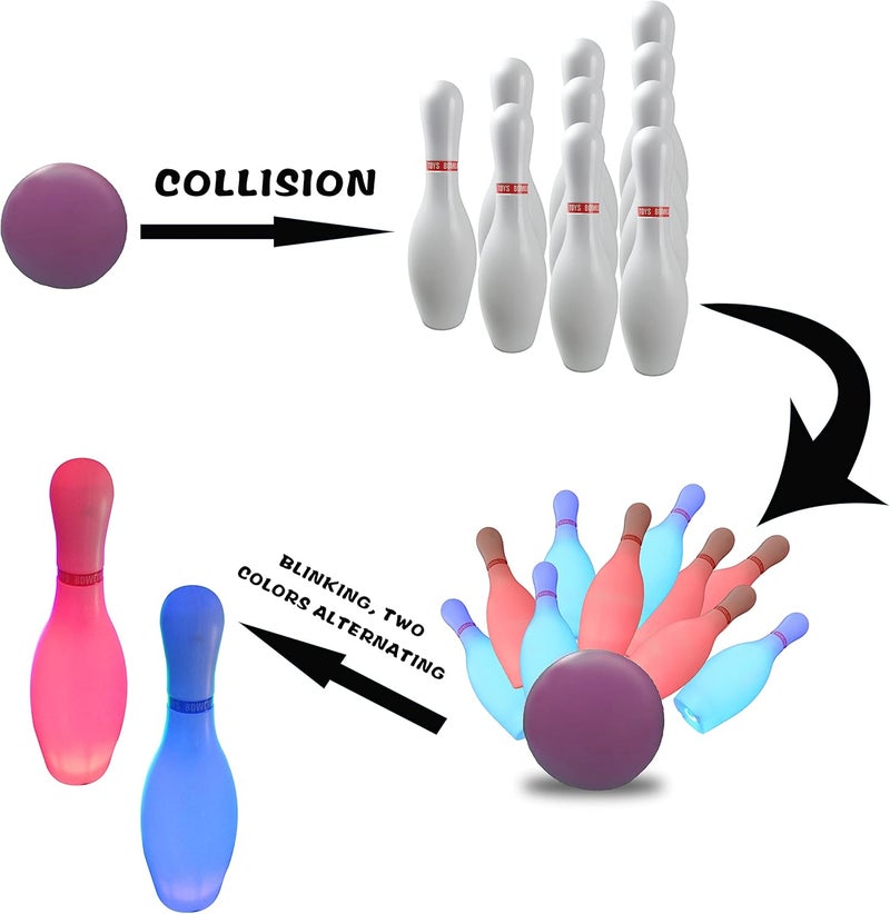 OceanWings Kids Light up Bowling Ball Toys Set,Bowling Pins Toy Game with 10 Pins & 2 Balls Fun Sports Games for Grandkids Kids Toddler Indoor & Outdoor Boys Girls Children 3 4 5 6 Years - Image 4